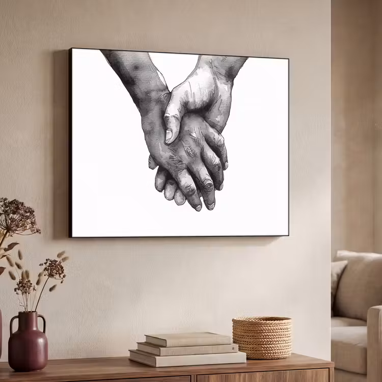 Handen - Zwart wit - Modern - Kunst Textielframe - compleet frame klein -sfeer3