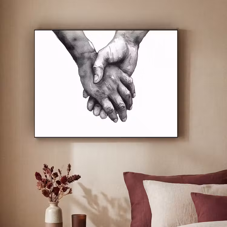 Handen - Zwart wit - Modern - Kunst Textielframe - compleet frame klein -sfeer1