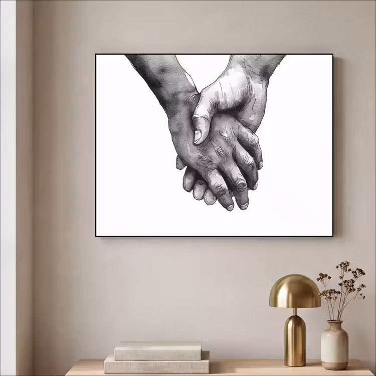 Handen - Zwart wit - Modern - Kunst Textielframe - compleet frame klein -sfeer2