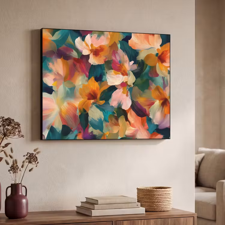 Harmonieus - Abstracte bloemen - Warme tinten Textielframe - compleet frame klein -sfeer3