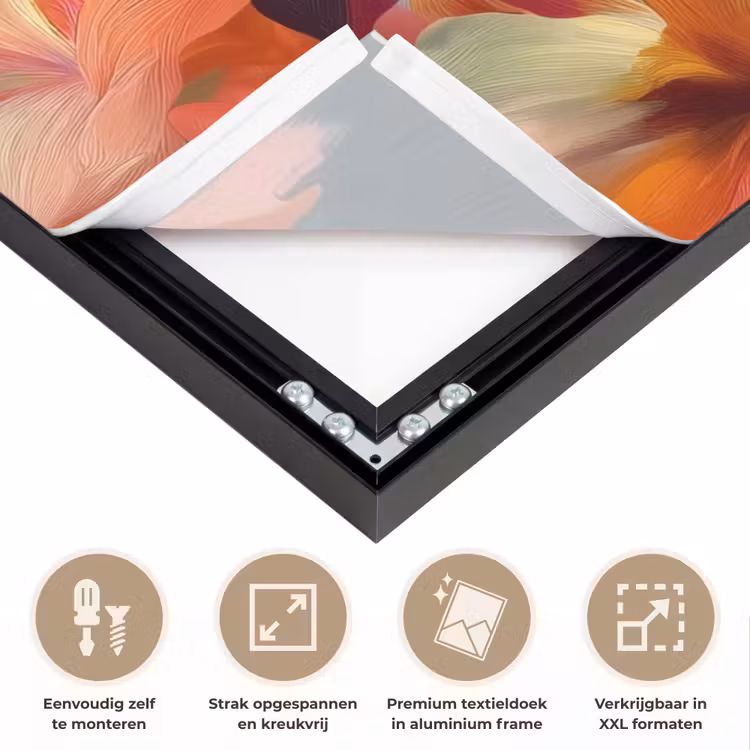 Harmonieus - Abstracte bloemen - Warme tinten Textielframe zwart klein -USP_feed_closeupNL