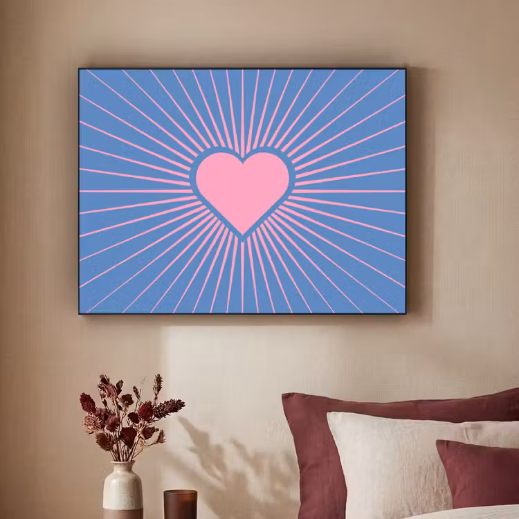 Hart - Stralen - Liefde - Modern - Roze Textielframe zwart klein -sfeer1
