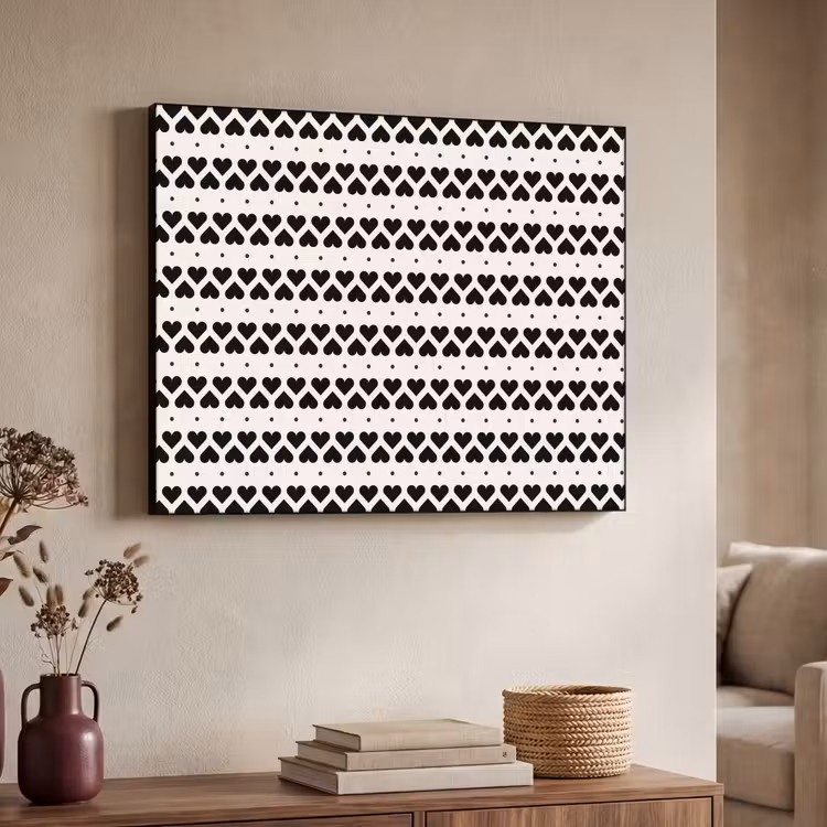 Harten - Lijn - Wit - Zwart Textielframe zwart klein 947 -sfeer3