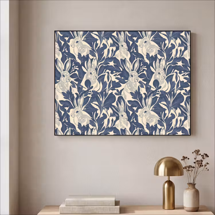 Hazen - Bladeren - Patroon - Blauw - Beige Textielframe zwart klein 947 -sfeer2
