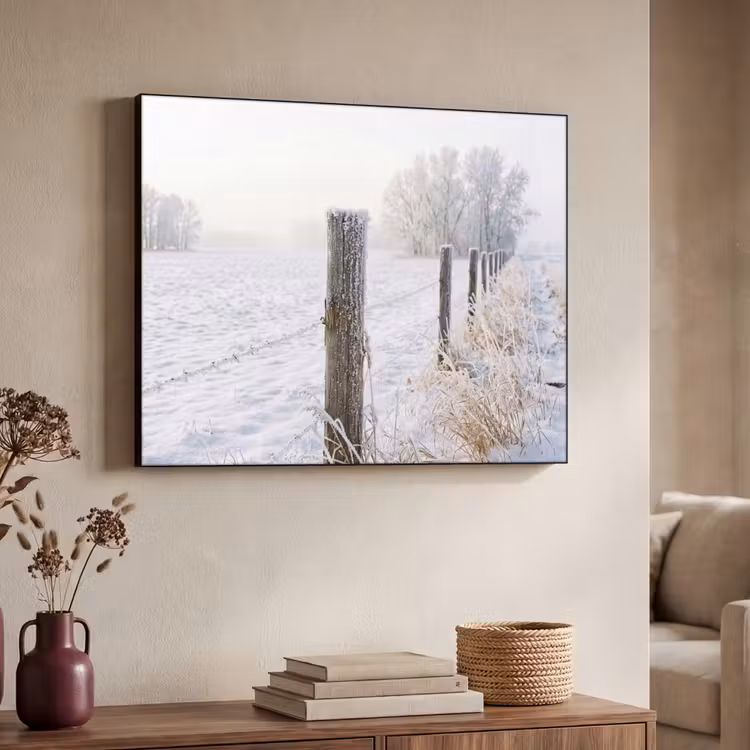 Hek - Sneeuw - Mist - Platteland - Nostalgisch Textielframe zwart klein -sfeer3