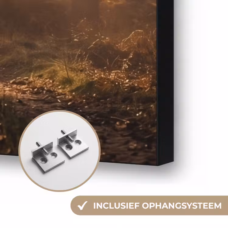 Hert - Bos - Mistig - Natuur - Goud Textielframe zwart klein -USP_ophangsysteemNL
