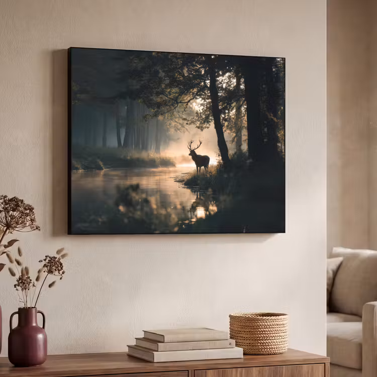Hert - Bosbeek - Mystiek Textielframe zwart klein -sfeer3