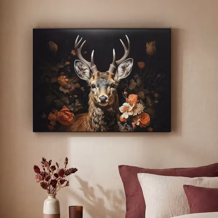Hert - Dier - Bloemen - Natuur - Botanisch Textielframe zwart klein -sfeer1