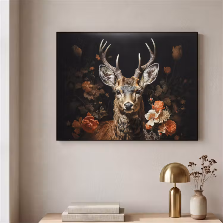 Hert - Dier - Bloemen - Natuur - Botanisch Textielframe zwart klein -sfeer2
