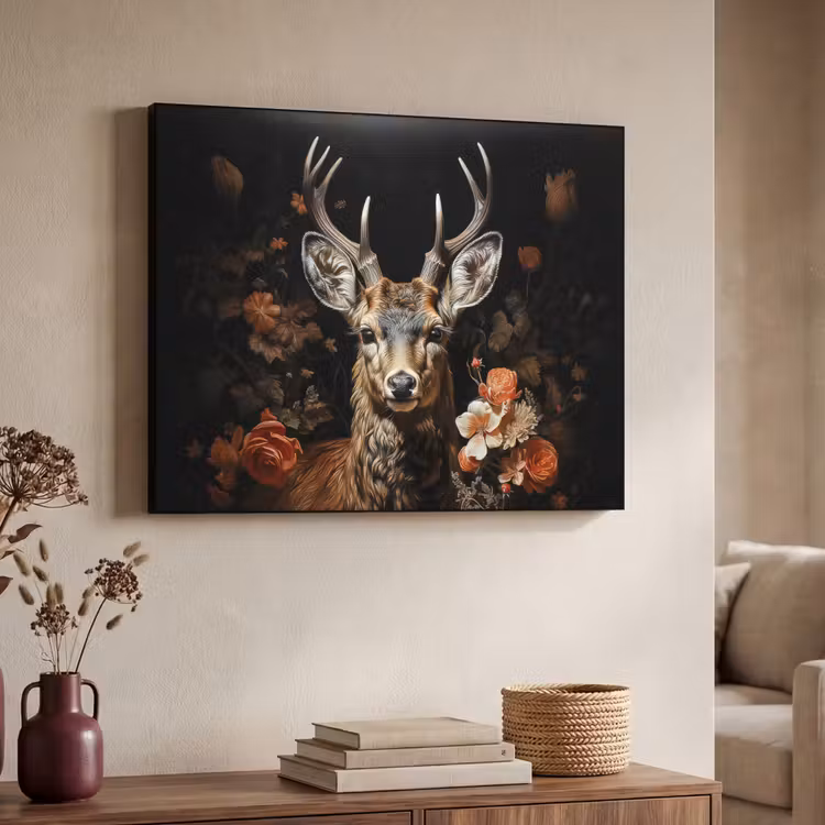 Hert - Dier - Bloemen - Natuur - Botanisch Textielframe zwart klein -sfeer3
