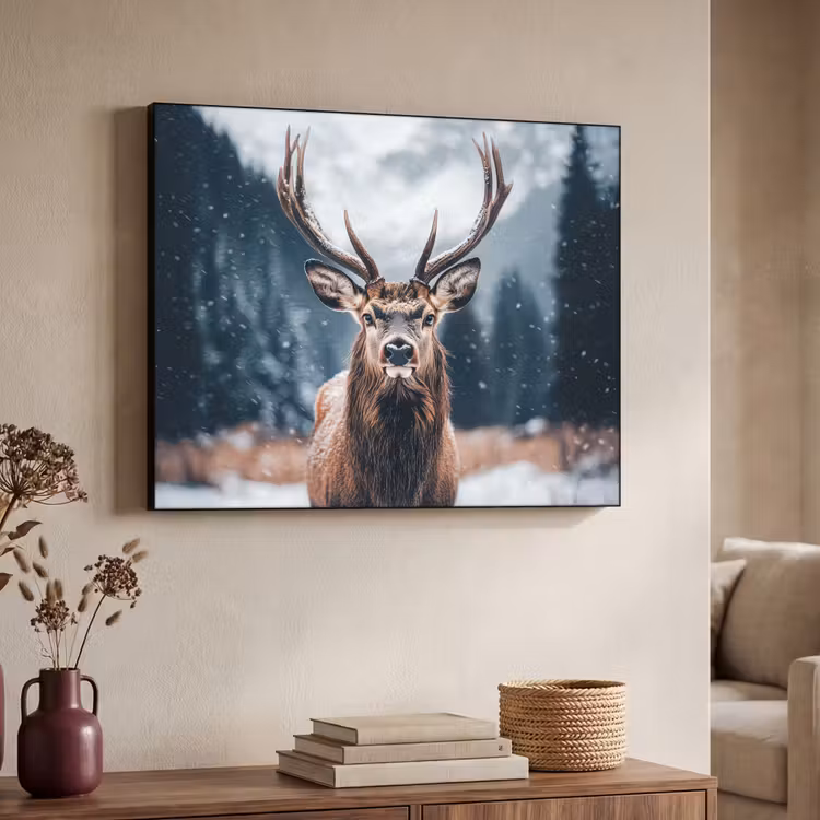 Hert - Dieren - Landschap - Winter - Sneeuw Textielframe zwart klein -sfeer3