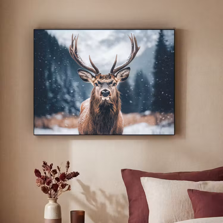 Hert - Dieren - Landschap - Winter - Sneeuw Textielframe - compleet frame klein -sfeer1