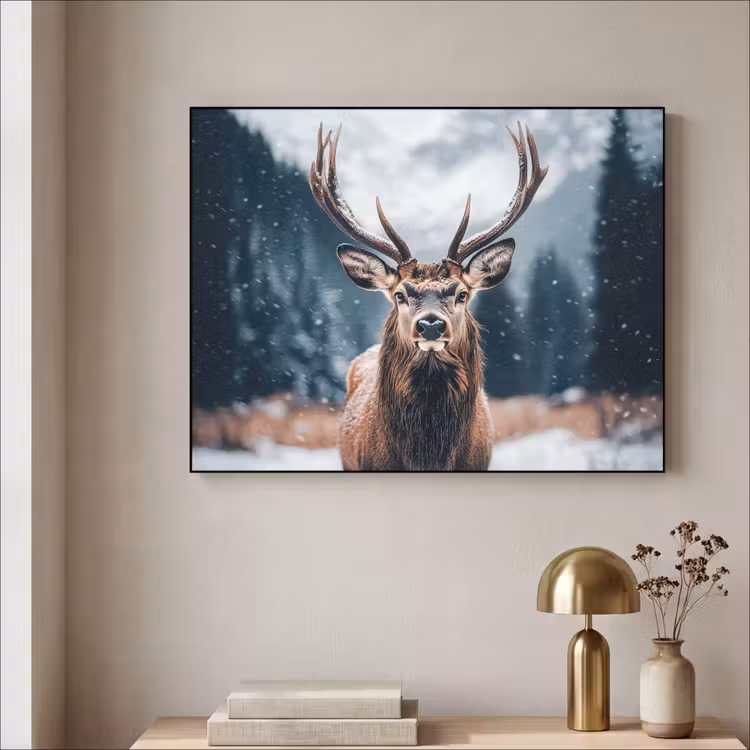 Hert - Dieren - Landschap - Winter - Sneeuw Textielframe zwart klein -sfeer2
