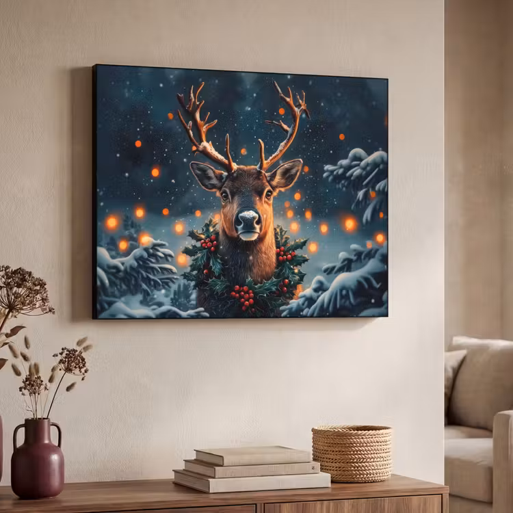 Hert - Kerst - Winter - Sneeuw - Kerstkrans Textielframe zwart klein -sfeer3