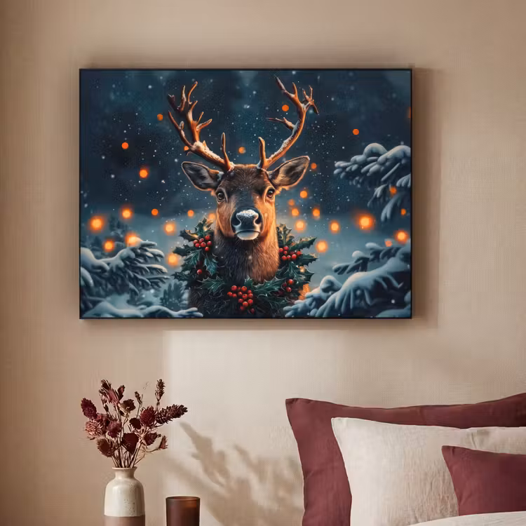 Hert - Kerst - Winter - Sneeuw - Kerstkrans Textielframe - compleet frame klein -sfeer1