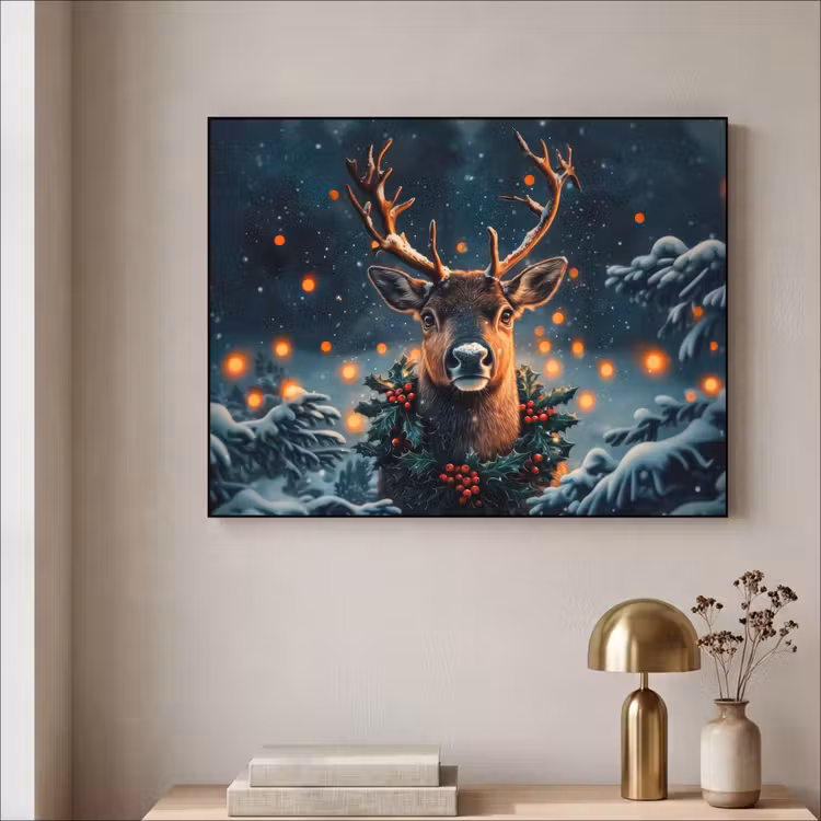 Hert - Kerst - Winter - Sneeuw - Kerstkrans Textielframe - compleet frame klein -sfeer2