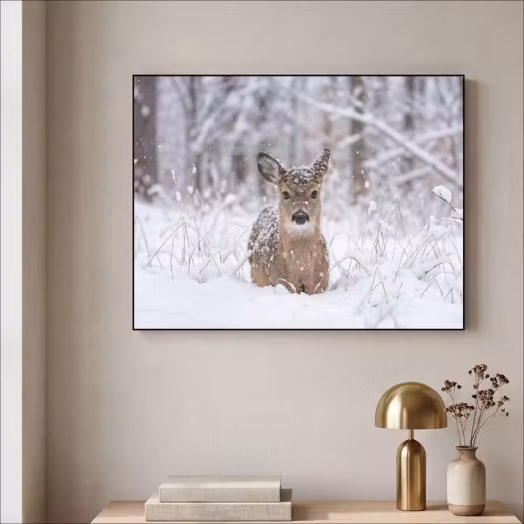 Hert - Sneeuw - Bos - Dieren - Vertederend Textielframe zwart klein -sfeer2