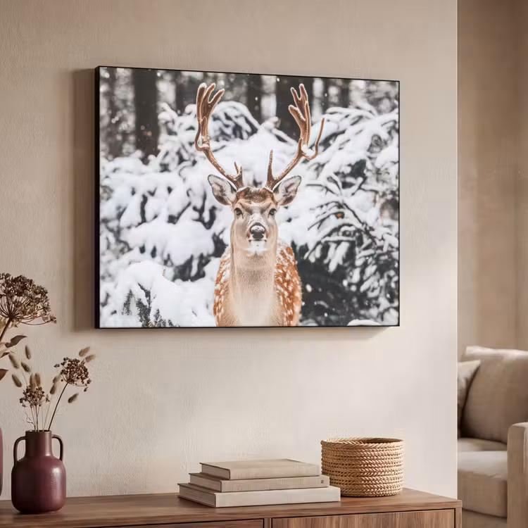 Hert - Sneeuw - Winter - Bos - Dieren Textielframe - compleet frame klein -sfeer3