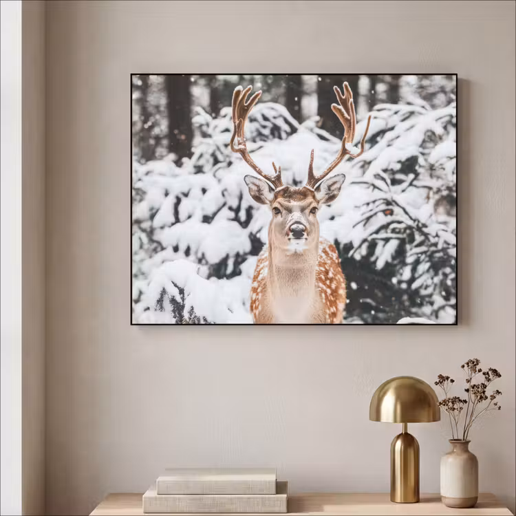 Hert - Sneeuw - Winter - Bos - Dieren Textielframe - compleet frame klein -sfeer2
