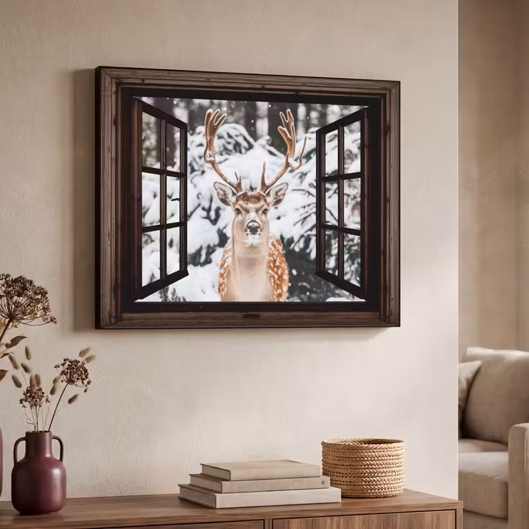 Hert - Sneeuw - Winter - Bos - Dieren - Doorkijk Textielframe - compleet frame klein -sfeer3