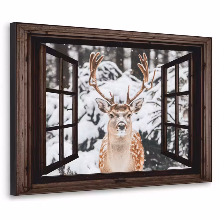 Hert - Sneeuw - Winter - Bos - Dieren - Doorkijk Textielframe zwart klein -3d