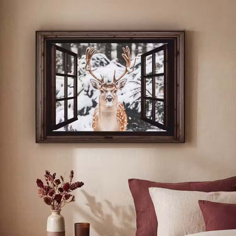 Hert - Sneeuw - Winter - Bos - Dieren - Doorkijk Textielframe - compleet frame klein -sfeer1