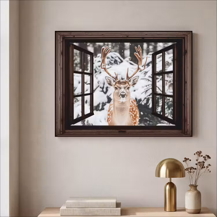 Hert - Sneeuw - Winter - Bos - Dieren - Doorkijk Textielframe - compleet frame klein -sfeer2