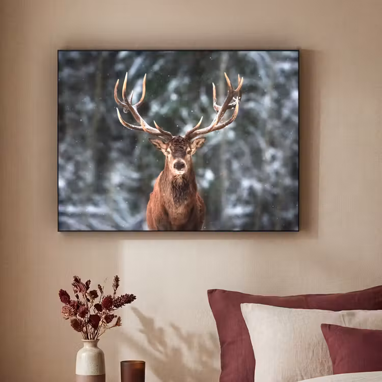 Hert - Winter - Sneeuw - Bos - Natuur - Dier Textielframe zwart klein -sfeer1