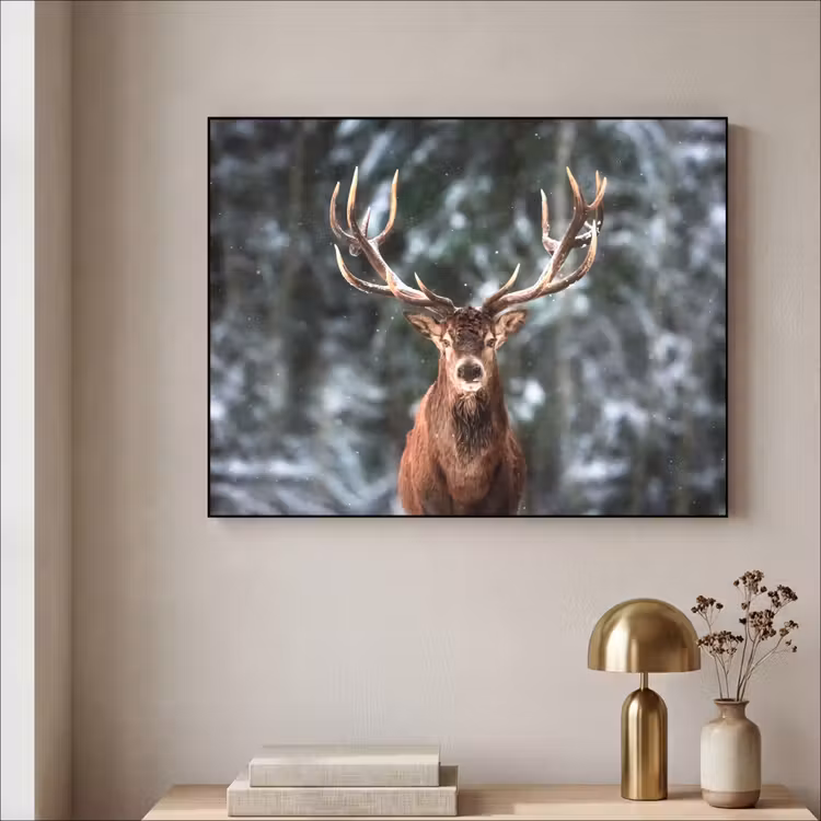 Hert - Winter - Sneeuw - Bos - Natuur - Dier Textielframe zwart klein -sfeer2