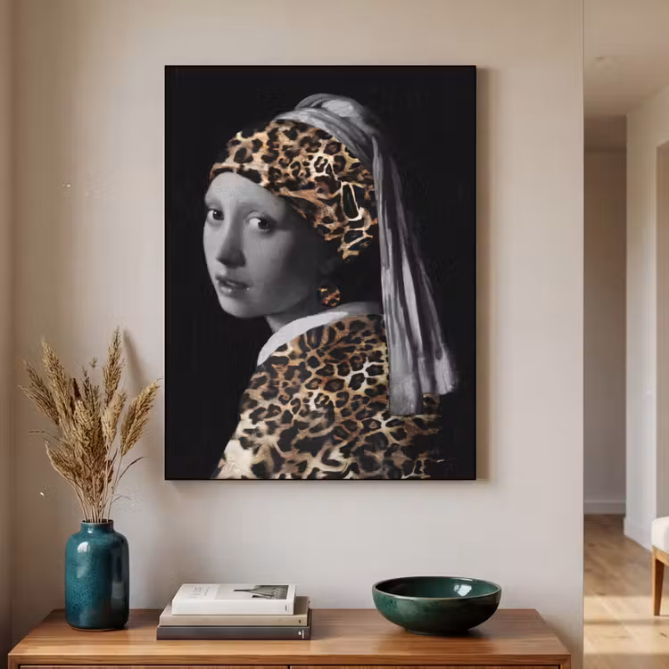 Het meisje met de parel - Johannes Vermeer - Panterprint Textielframe zwart klein -sfeer1