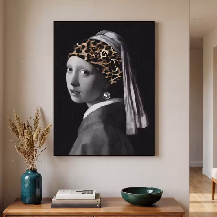 Het meisje met de parel - Johannes Vermeer - Panterprint Textielframe zwart klein -sfeer1