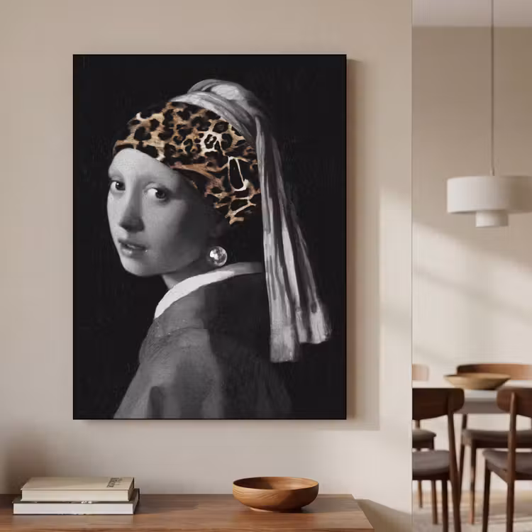 Het meisje met de parel - Johannes Vermeer - Panterprint Textielframe zwart klein -sfeer2