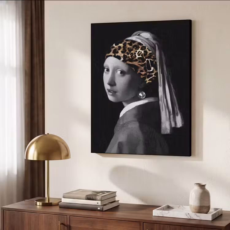 Het meisje met de parel - Johannes Vermeer - Panterprint Textielframe zwart klein -sfeer3
