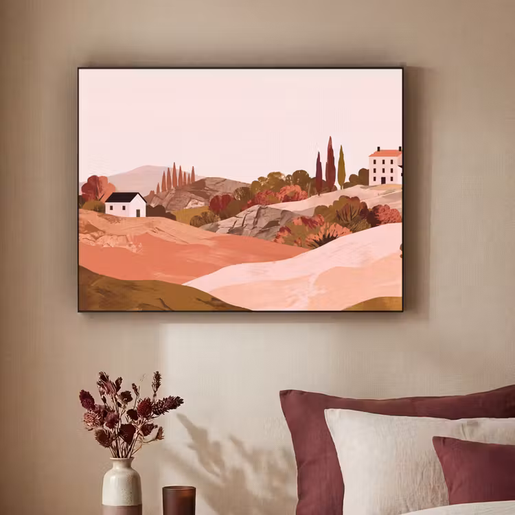Heuvellandschap - Grafisch - Terracotta Textielframe zwart klein -sfeer1