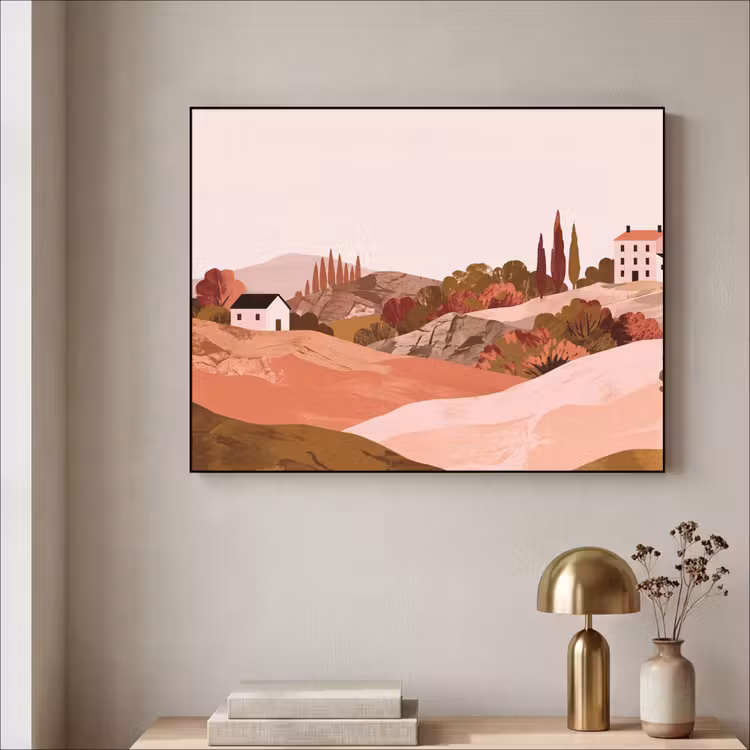 Heuvellandschap - Grafisch - Terracotta Textielframe zwart klein -sfeer2