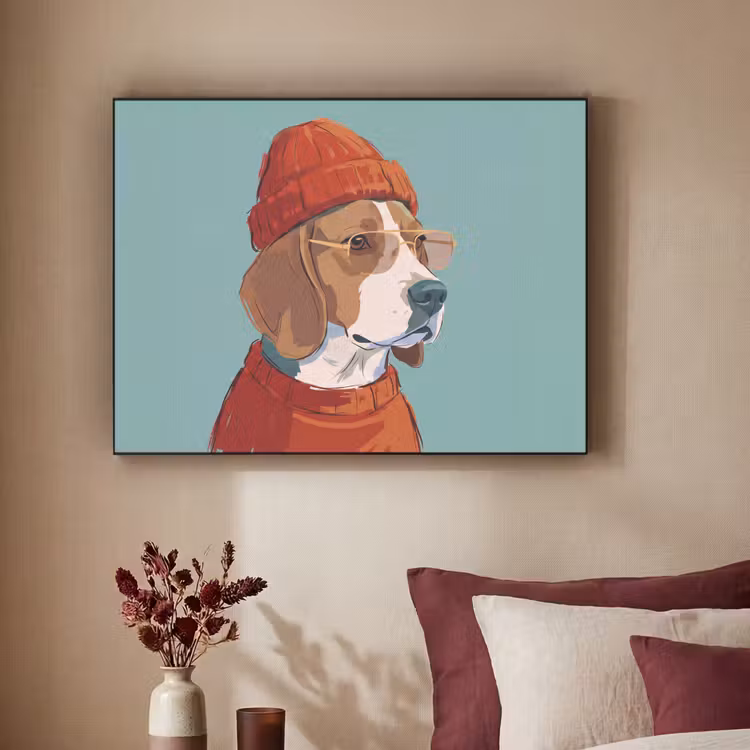 Hond - Beanie - Zonnebril - Dieren - Modern Textielframe zwart klein -sfeer1