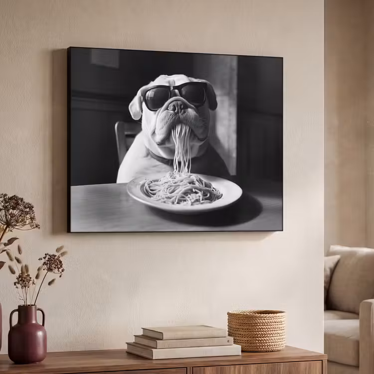 Hond - Bulldog - Pasta - Bril - Stoer - Dieren Textielframe zwart klein -sfeer3