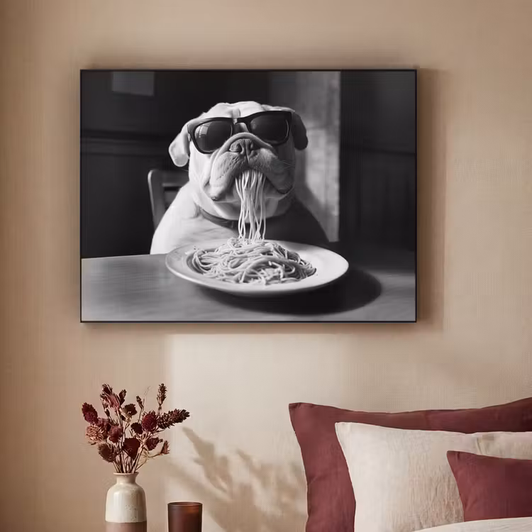 Hond - Bulldog - Pasta - Bril - Stoer - Dieren Textielframe zwart klein -sfeer1