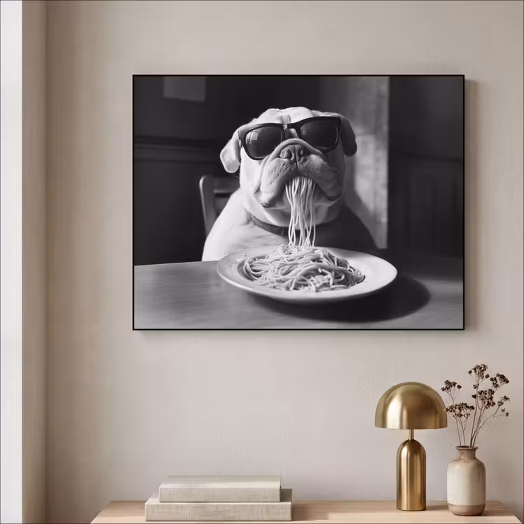 Hond - Bulldog - Pasta - Bril - Stoer - Dieren Textielframe - compleet frame klein -sfeer2