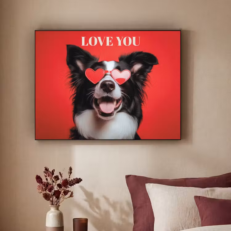 Hond - Hartjesbril - Loveyou - Rood Textielframe zwart klein -sfeer1