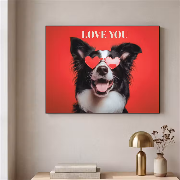 Hond - Hartjesbril - Loveyou - Rood Textielframe zwart klein -sfeer2