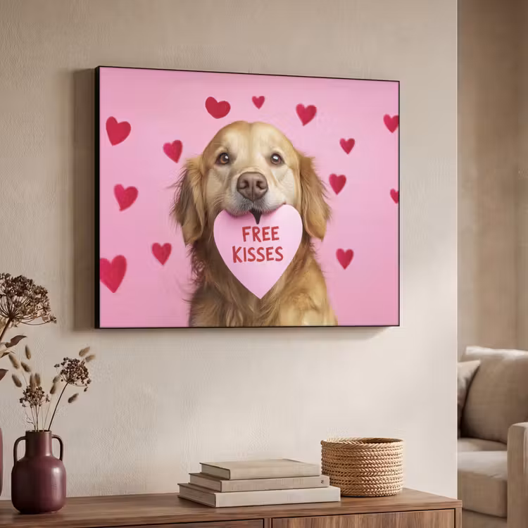 Hond - Kiss- Valentijn - Hartjes Textielframe zwart klein -sfeer3