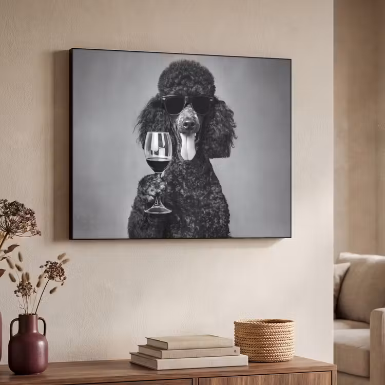 Hond - Krullen - Zonnebril - Wijn Textielframe zwart klein -sfeer3