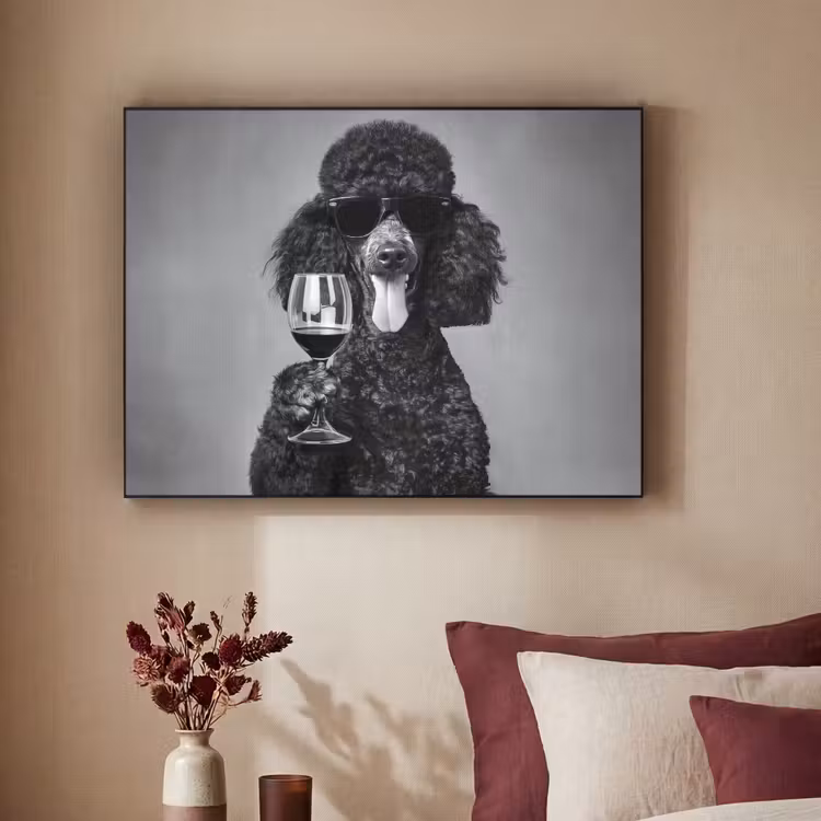 Hond - Krullen - Zonnebril - Wijn Textielframe zwart klein -sfeer1