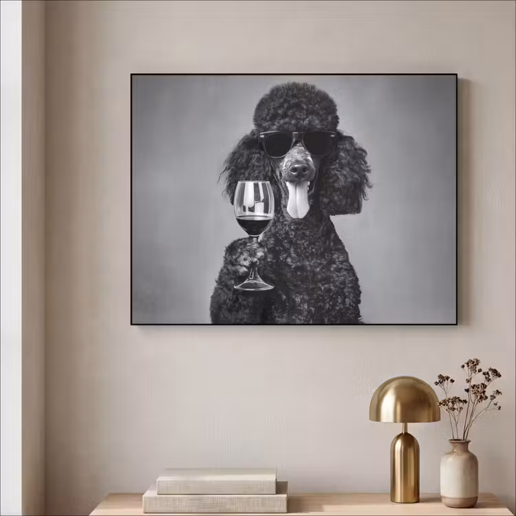Hond - Krullen - Zonnebril - Wijn Textielframe zwart klein -sfeer2