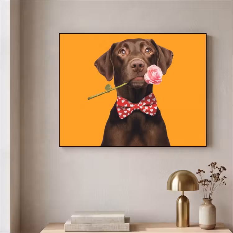 Hond - Oranje - Roos - Valentijn Textielframe zwart klein -sfeer2