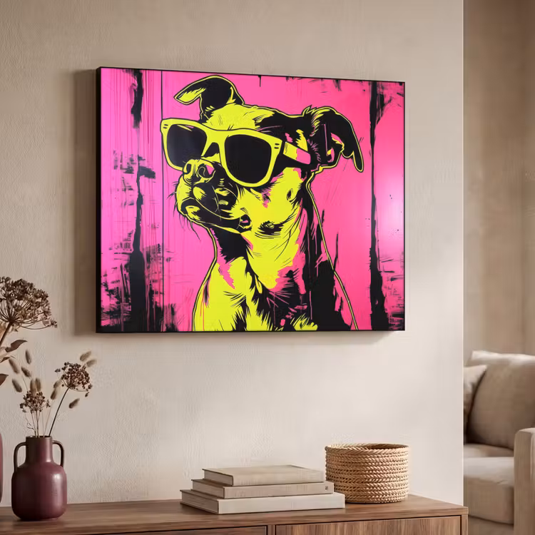 Hond - Zonnebril - Roze - Art Textielframe zwart klein -sfeer3