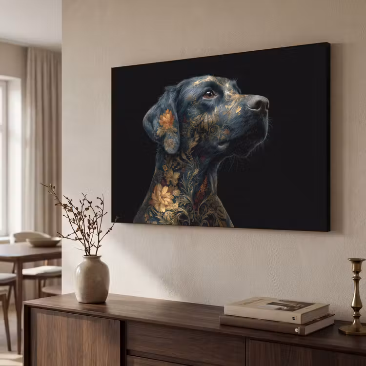Hond - Zwart - Bloemen Textielframe zwart klein -sfeer3