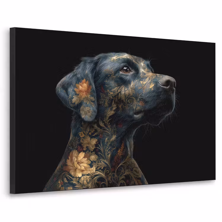 Hond - Zwart - Bloemen Textielframe zwart klein -3d