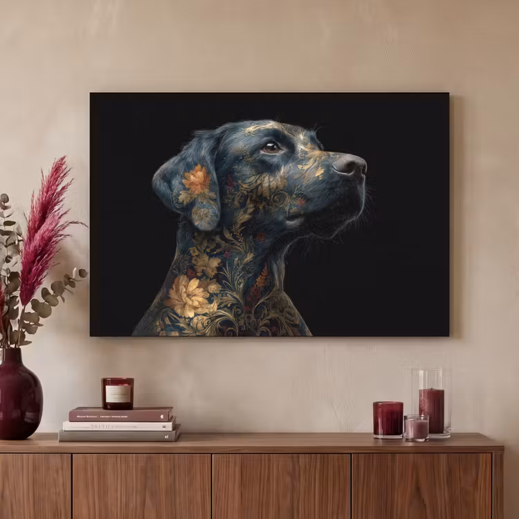 Hond - Zwart - Bloemen Textielframe zwart klein -sfeer1